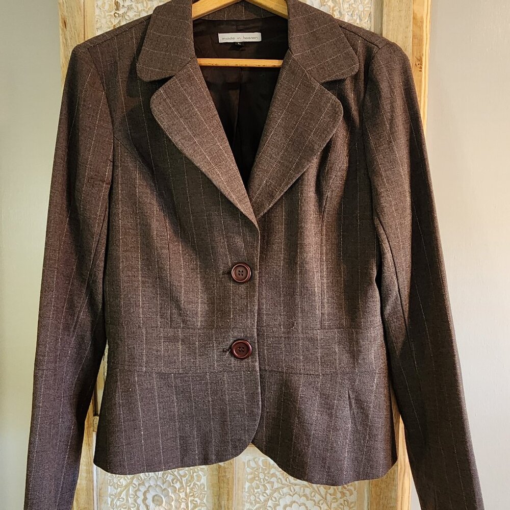 Made in Heaven Women’s Brown Pinstripe Blazer – Size L – Tailored Peplum Waist –